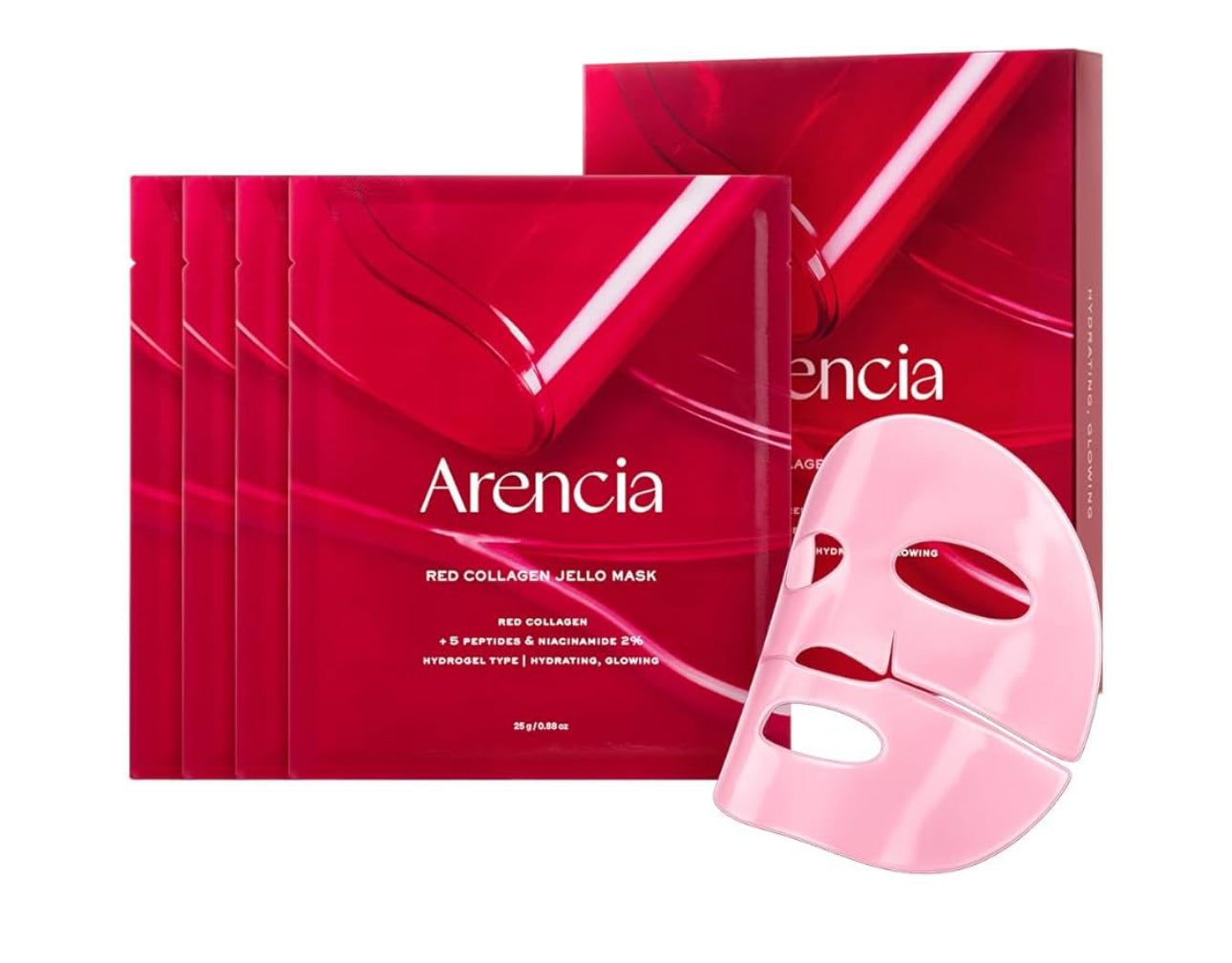 Arencia Red Collagen Jelly Mask packaging and mask displaying its hydrating and rejuvenating benefits.