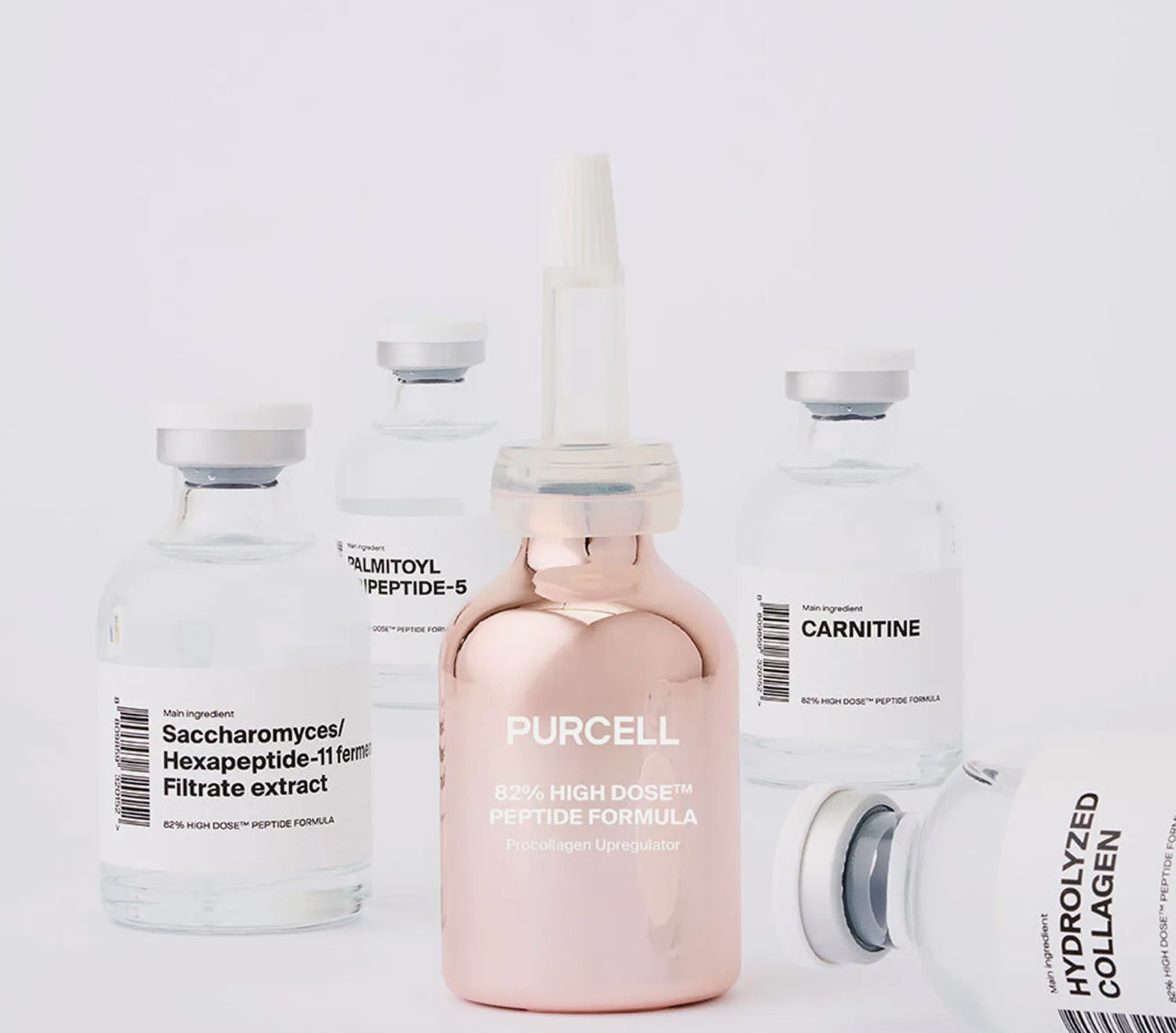 PURCELL 82% High Dose Peptide Formula 20ml Serum surrounded by various peptide bottles