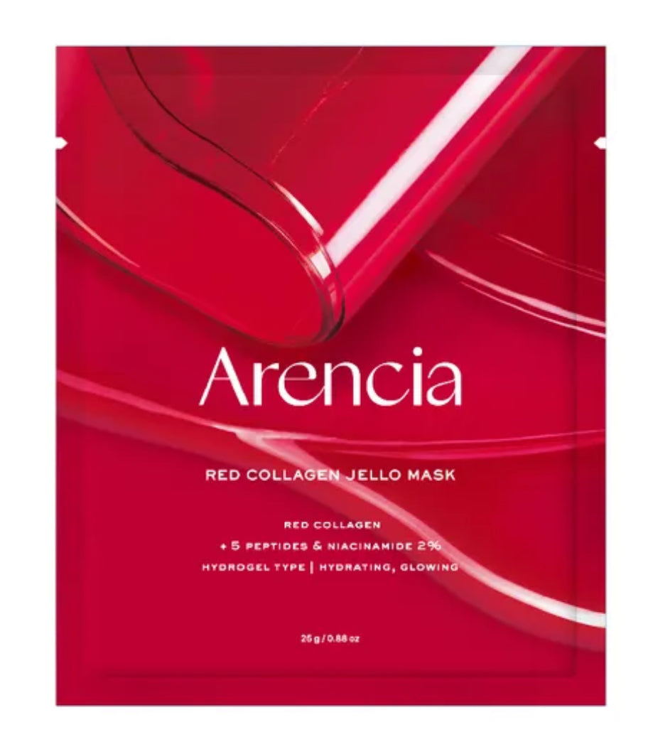 Arencia Red Collagen Jelly Mask packaging showcasing its hydrating and glowing benefits.