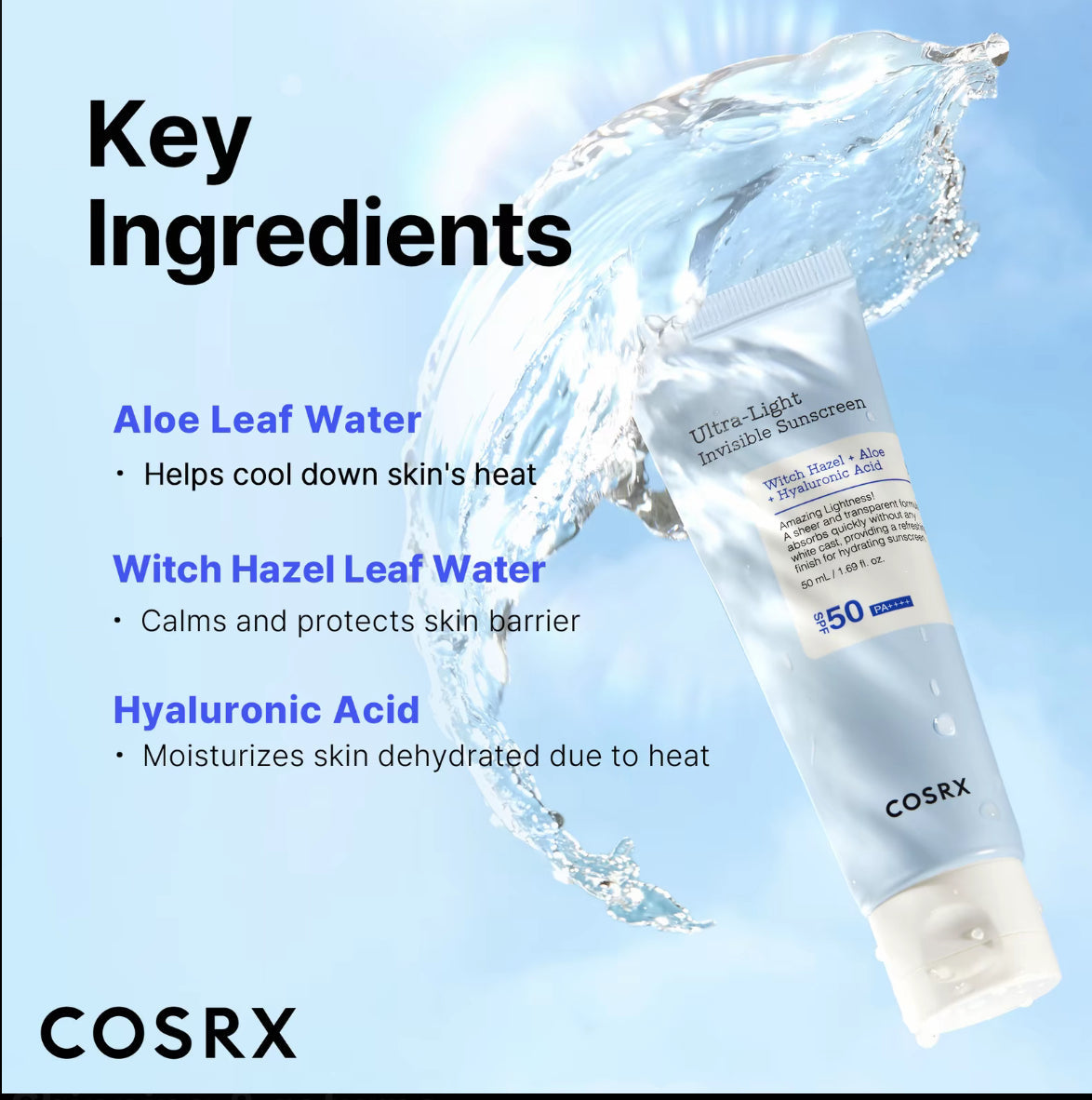 COSRX Ultra-Light Invisible Sunscreen - SPF 50 PA++++, Hydrating Sun Cream With Witch Hazel, Extra High UV Protection, 50mL Cosrx
