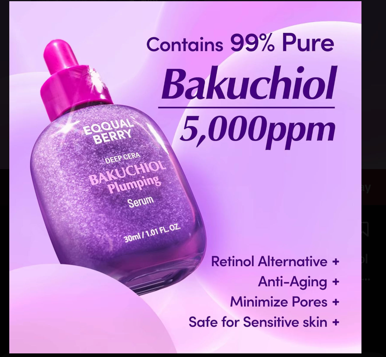 EQQUALBERRY Bakuchiol Plumping Serum - Natural Retinol Alternative for Sensitive Skin 1.01 oz / 30 ml EQQUALBERRY