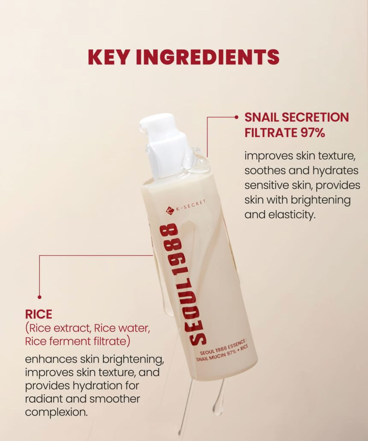 K Secret- Seoul 1998 Essence : Snail Mucin 93% + Rice. Deep Hydration long lasting Hydration 100ml K Secrect
