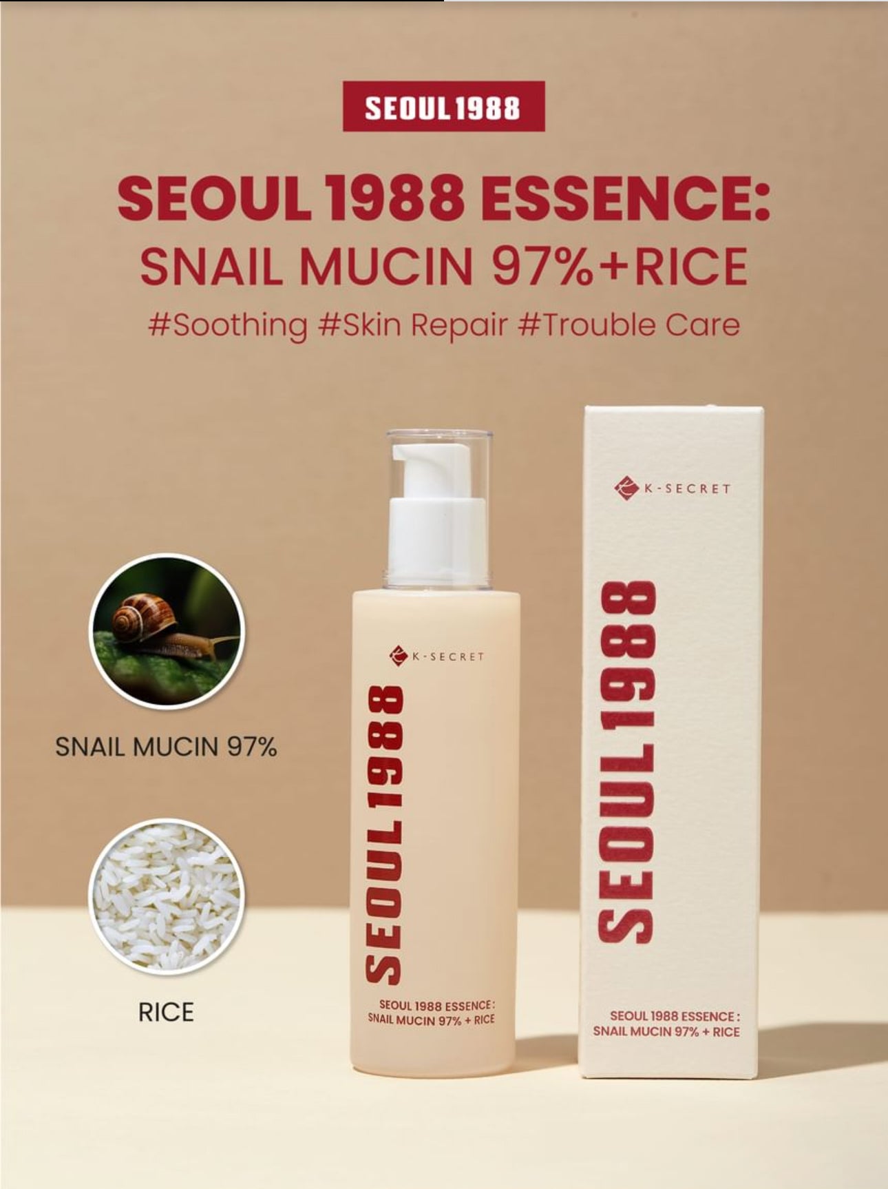 K Secret- Seoul 1998 Essence : Snail Mucin 93% + Rice. Deep Hydration long lasting Hydration 100ml K Secrect