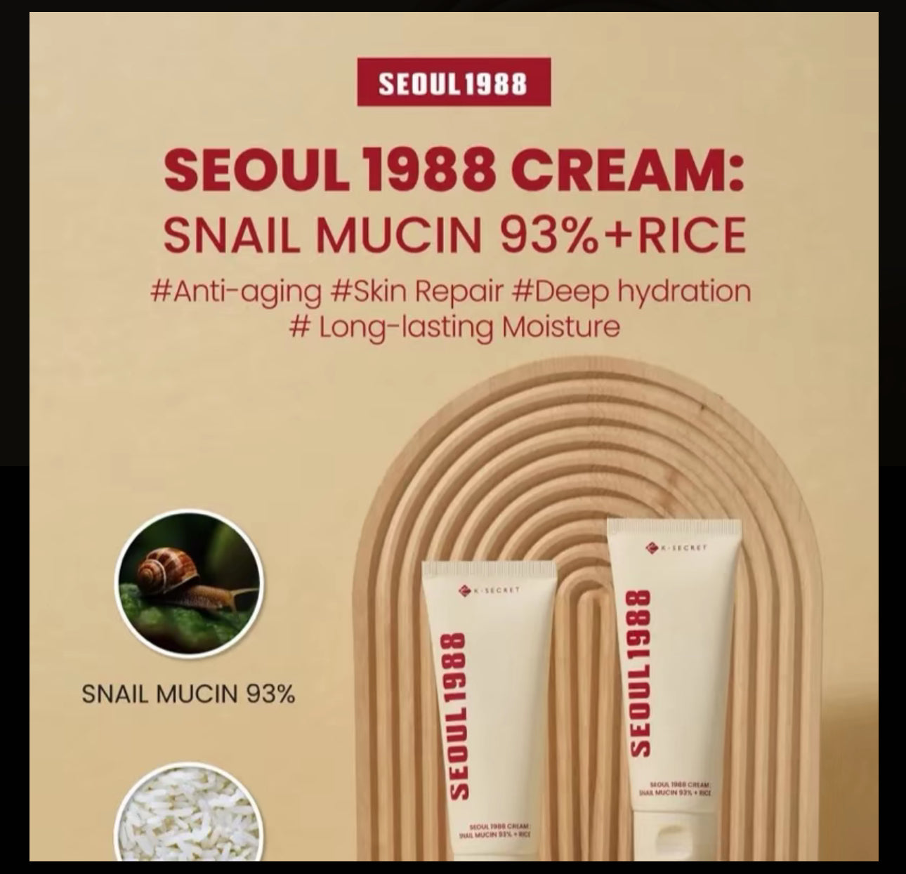 K Secret- Seoul 1998 Cream: Snail Mucin 93% + Rice. Deep Hydration long lasting Hydration 100ml K Secrect