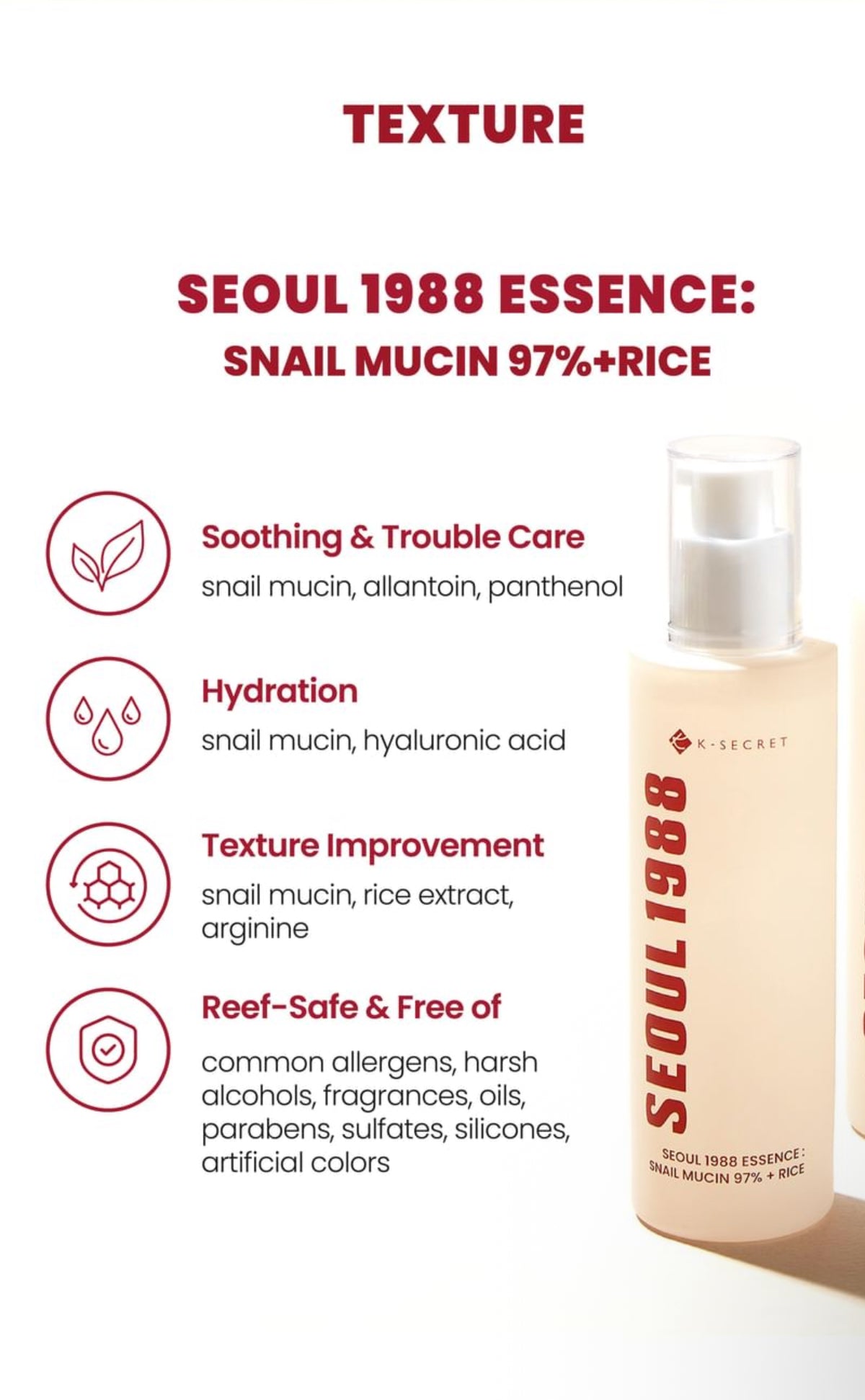K Secret- Seoul 1998 Essence : Snail Mucin 93% + Rice. Deep Hydration long lasting Hydration 100ml K Secrect