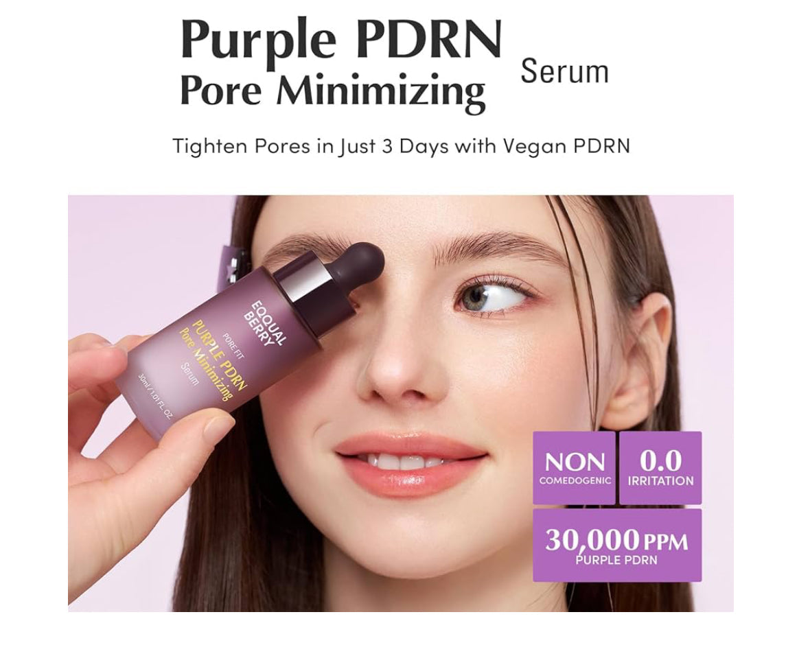 Equal Berry Purple PDRN Pore Minimizing Serum - Vegan Collagen & Peptides for Pore Refining & Skin Elasticity with Niacinamide & CICA Exosome for Calming Korean Glass Skin 1.01 FL OZ /30ml EQQUALBERRY