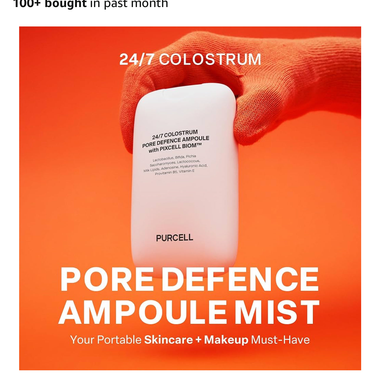 PURCELL 24/7 Colostrum Pore Defence Ampoule with PIXELL BIOM in a hand against an orange background.