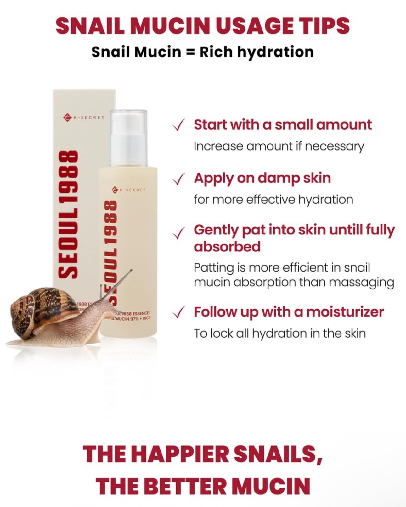 K Secret- Seoul 1998 Essence : Snail Mucin 93% + Rice. Deep Hydration long lasting Hydration 100ml K Secrect