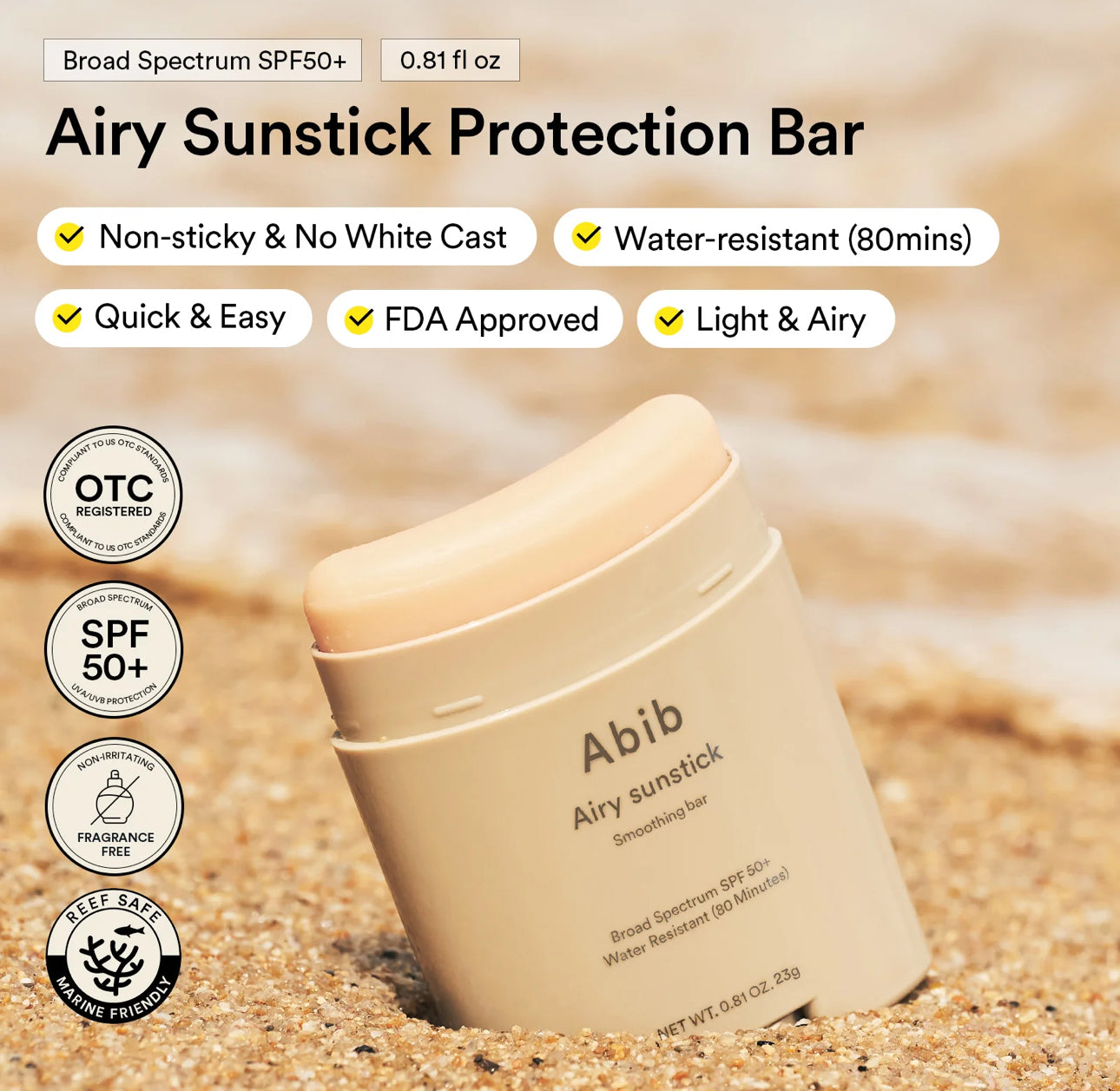 Abib Airy Sunstick Smoothing Bar - Non-Greasy Formula Lightweight & Non-Sticky No White Cast Absorbs Quickly Sunscreen Spf50 Abib