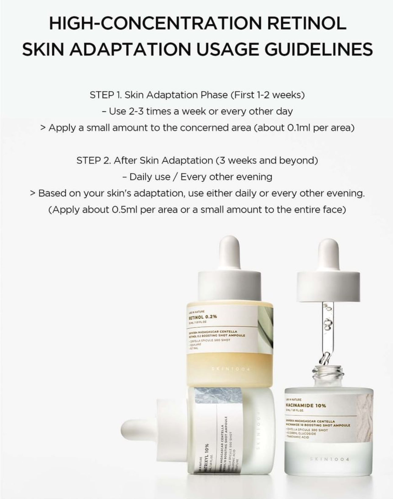 Skin1004 Madagascar Centella Retinol 0.2% Boosting Shot Ampoule -30ml usage guidelines for effective skin adaptation.