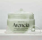 Arencia Fresh Cloud Body & Scalp Scrub-Lavender & Pear in a clear jar with bubbles and creamy texture.