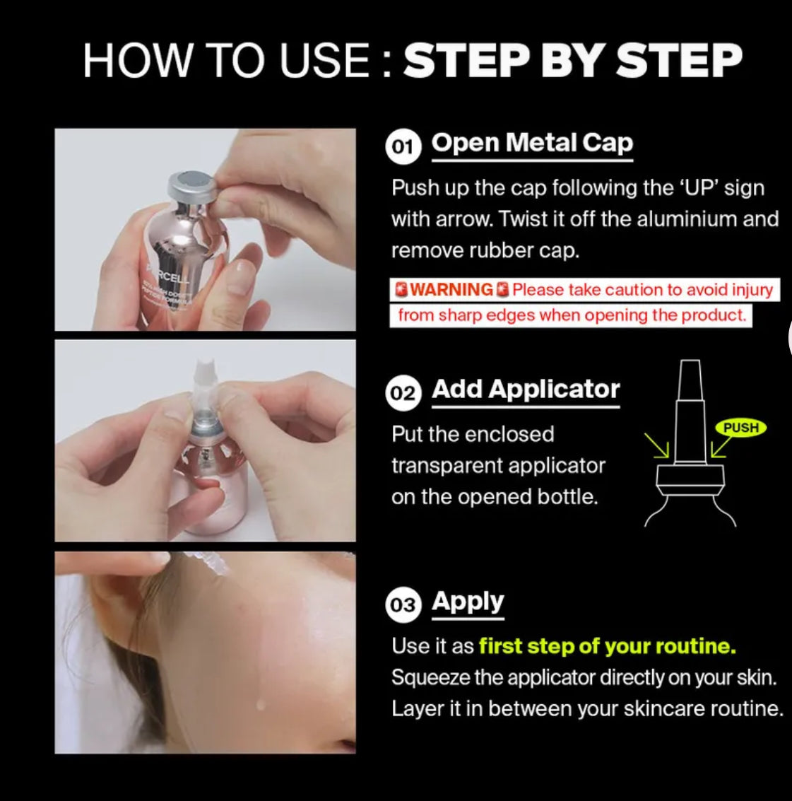 Instructions for using PURCELL 82% High Dose Peptide Formula 20ml Serum, detailing cap removal, applicator addition, and application.