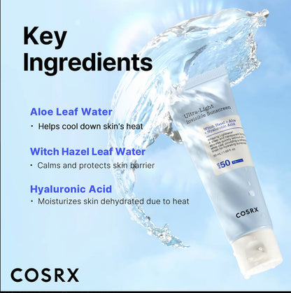COSRX Ultra-Light Invisible Sunscreen - SPF 50 PA++++, Hydrating Sun Cream With Witch Hazel, Extra High UV Protection, 50mL Cosrx