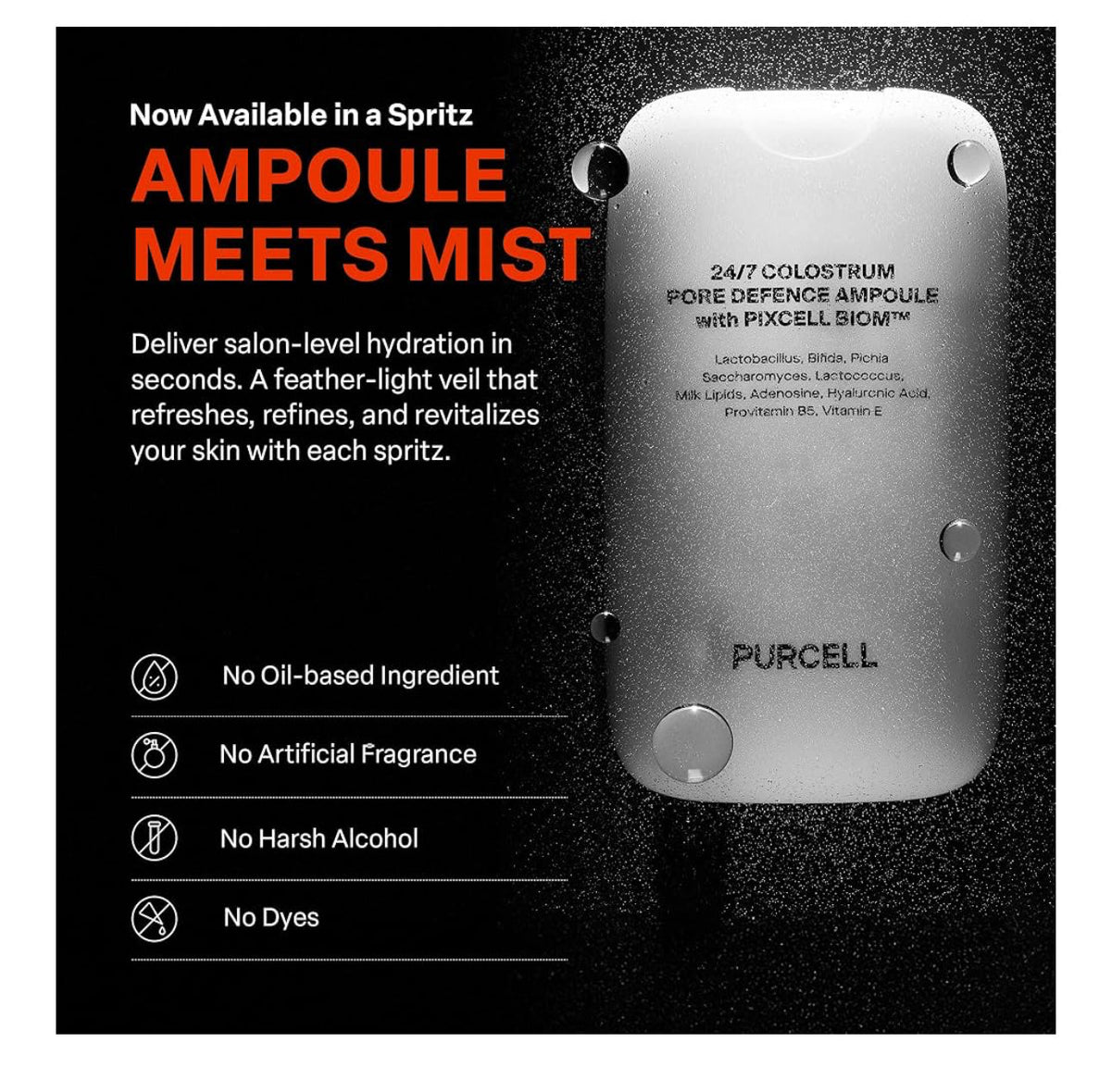 PURCELL 24/7 Colostrum Pore Defence Ampoule with PIXCELL BIOM in a spritz format, offering hydration and skin revitalization.