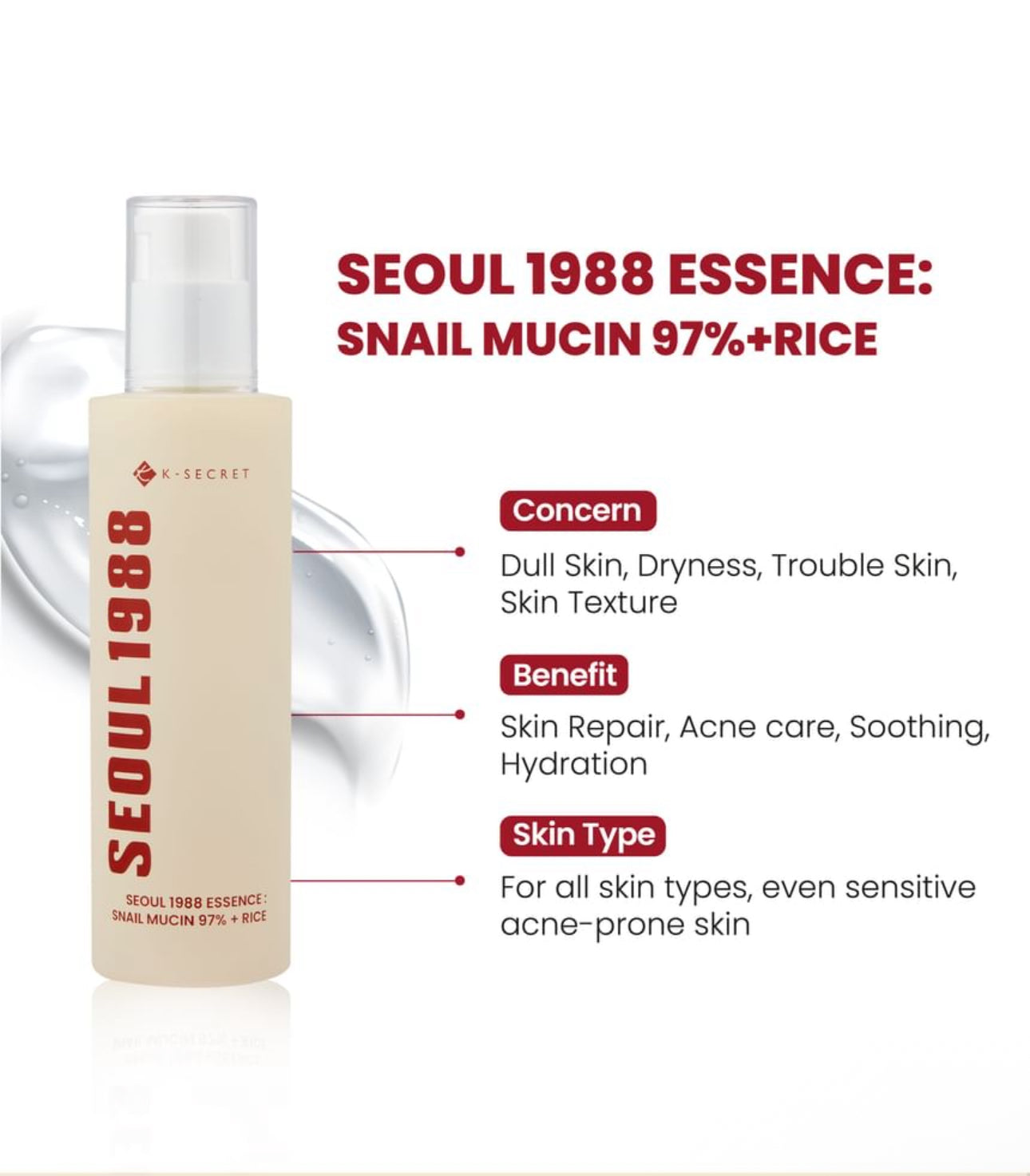 K Secret- Seoul 1998 Essence : Snail Mucin  93% + Rice. Deep Hydration long lasting Hydration 100ml K Secrect