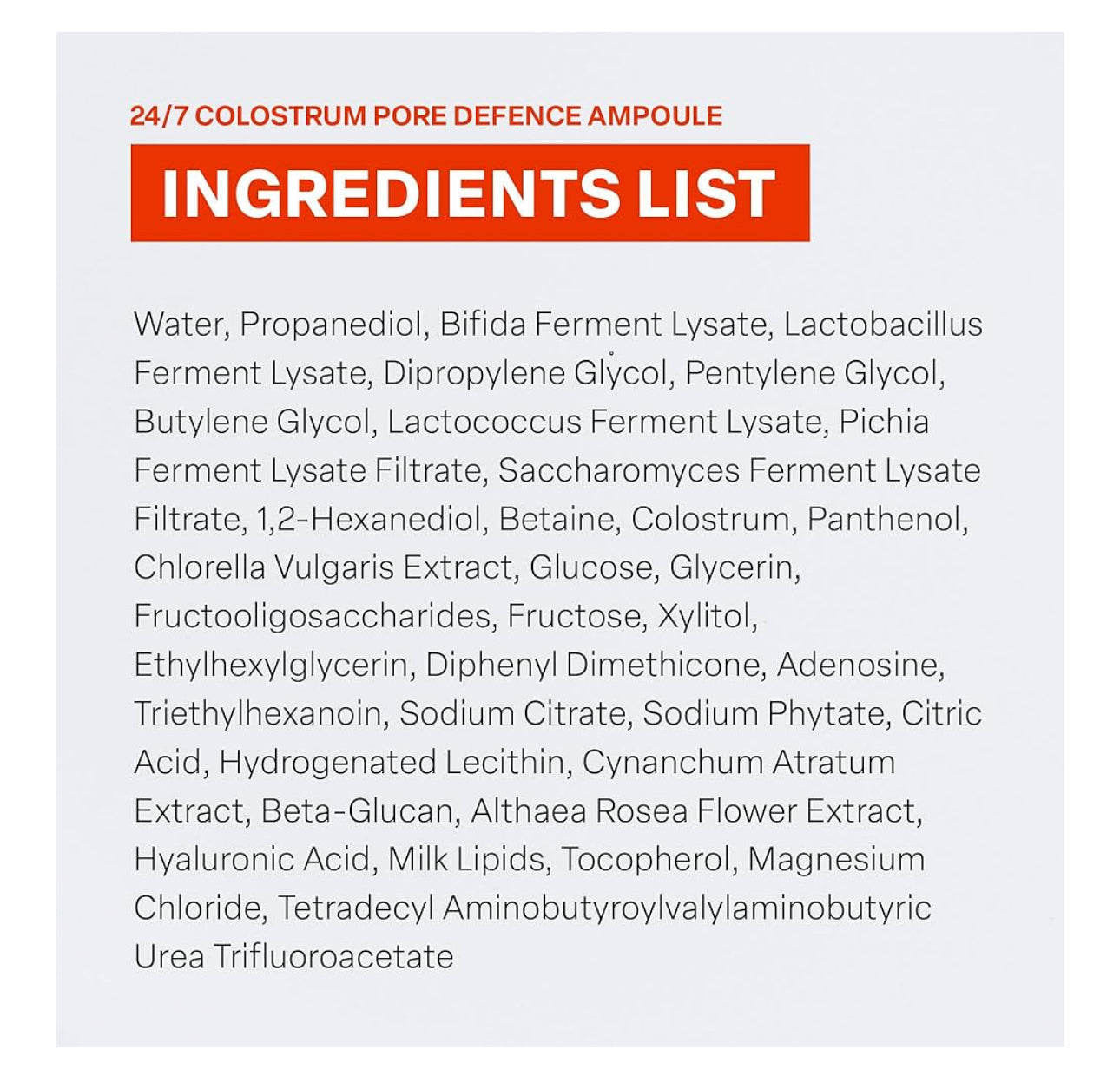 Ingredients list for PURCELL 24/7 Colostrum Pore Defence Ampoule with PIXELL BIOM including natural extracts and active compounds.
