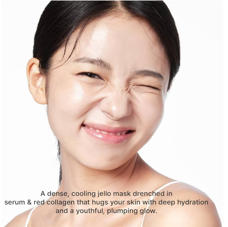 Woman applying Arencia Red Collagen Jelly Mask for hydration and youthful glow.