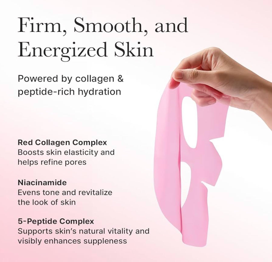 Arencia Red Collagen Jelly Mask showcasing its benefits of firmer and smoother skin powered by collagen and peptides.