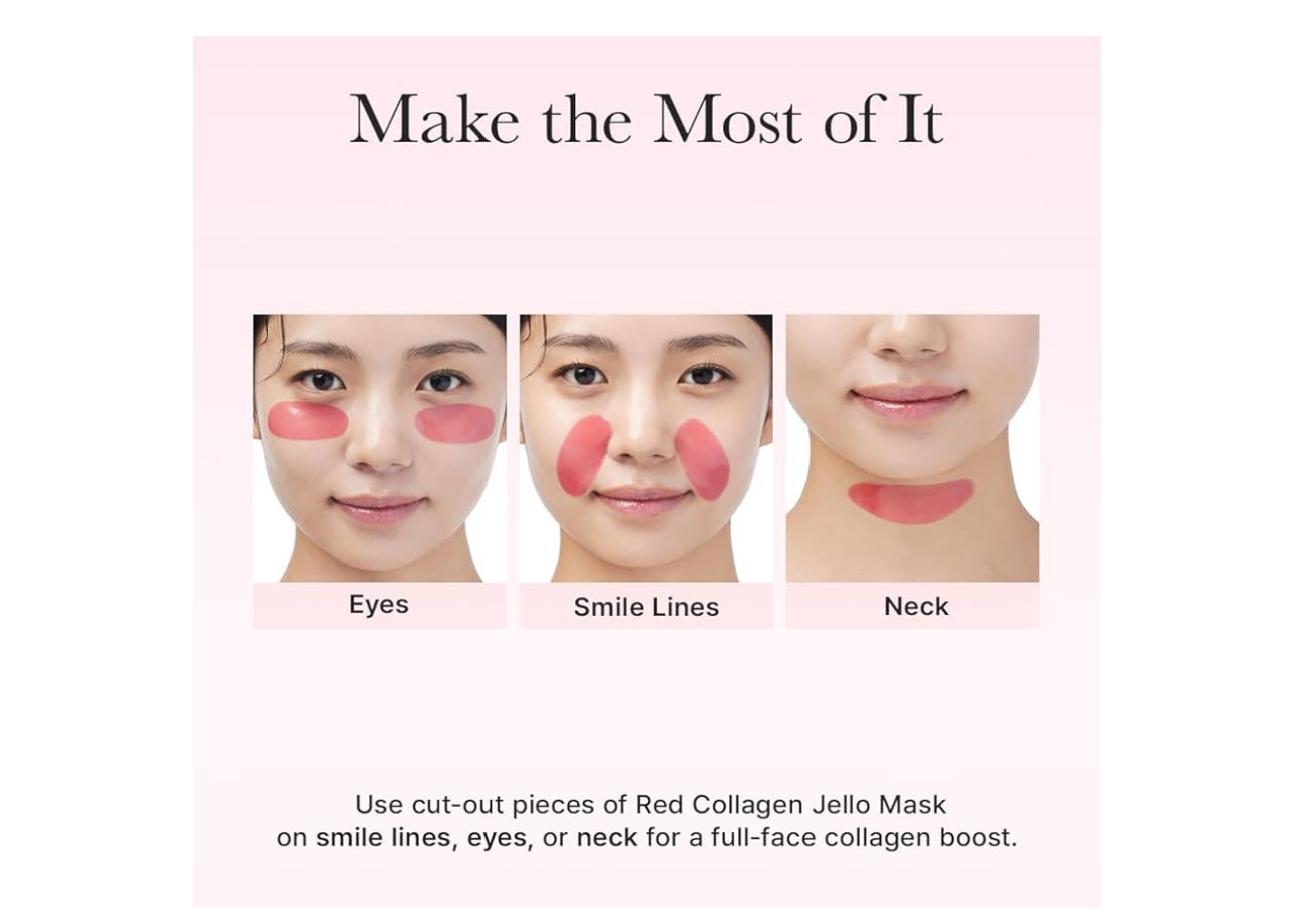 Arencia Red Collagen Jelly Mask application on eyes, smile lines, and neck for enhanced collagen benefits.
