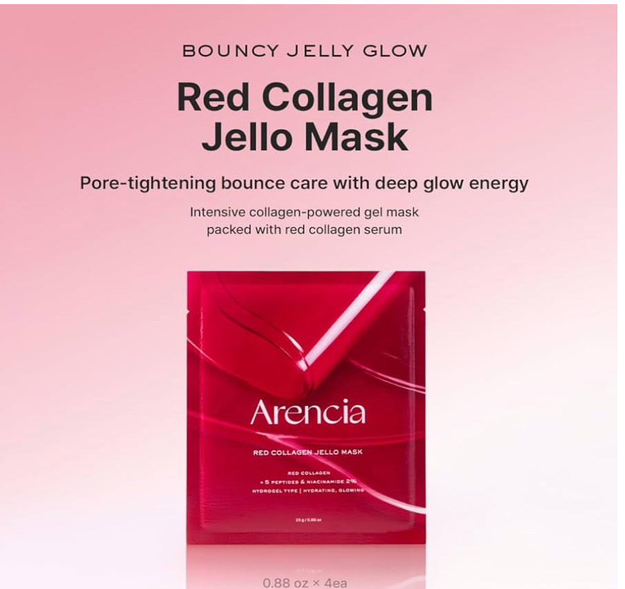 Arencia Red Collagen Jelly Mask promoting pore-tightening and deep glow effects with collagen-powered gel.