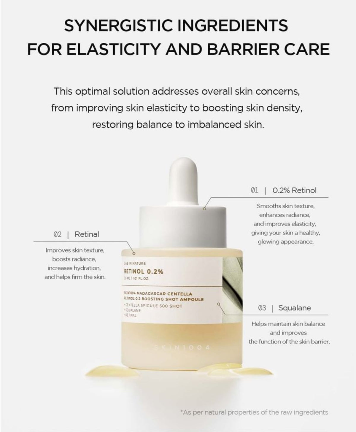 Skin1004 Madagascar Centella Retinol 0.2% Boosting Shot Ampoule -30ml with dropper and product information.