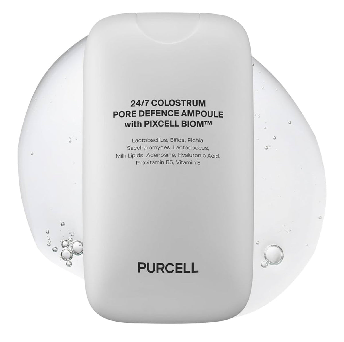 PURCELL 24/7 Colostrum Pore Defence Ampoule with PIXCELL BIOM on a water splash background.