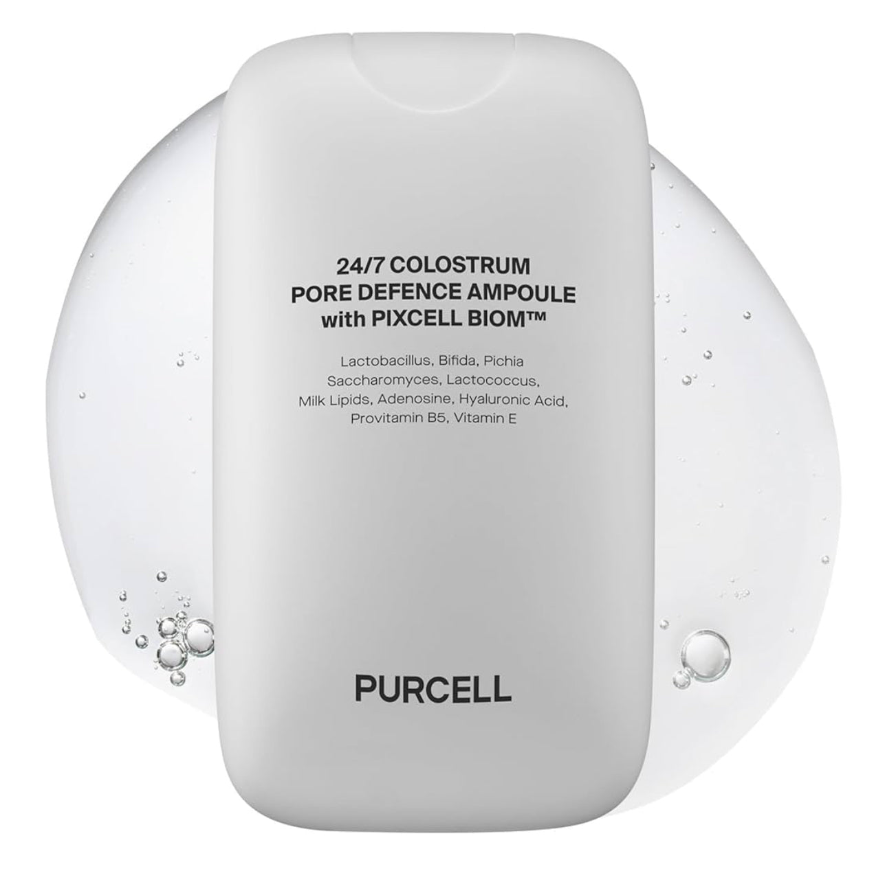 PURCELL 24/7 Colostrum Pore Defence Ampoule with PIXCELL BIOM on a water splash background.