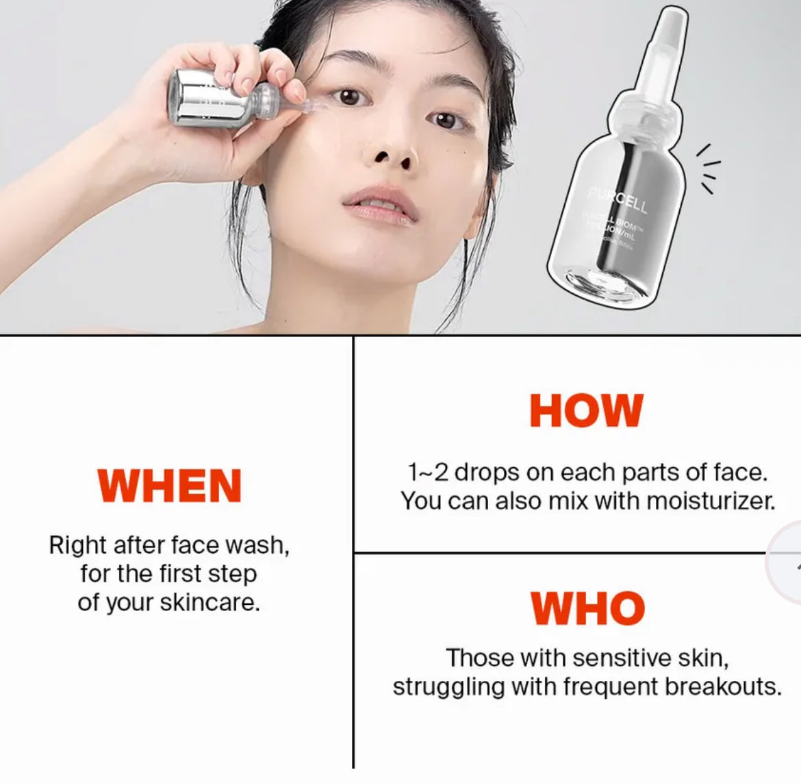 PURCELL Pixcell Biom 2 Billion/mL 20mL application instructions for sensitive skin, soothing and strengthening skin barrier.