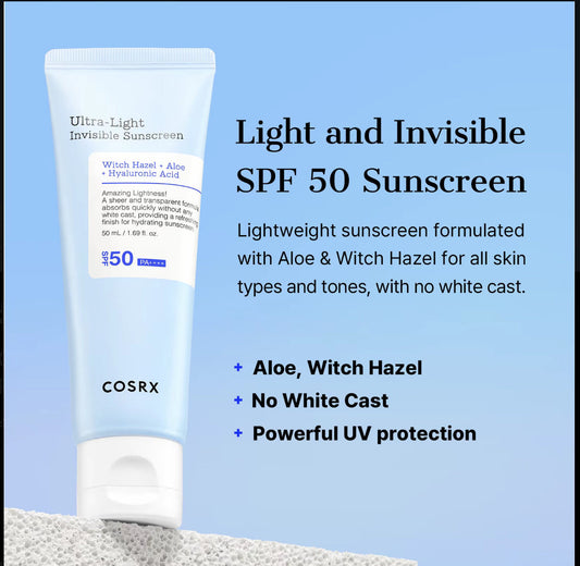 COSRX Ultra-Light Invisible Sunscreen - SPF 50 PA++++, Hydrating Sun Cream With Witch Hazel, Extra High UV Protection, 50mL Cosrx