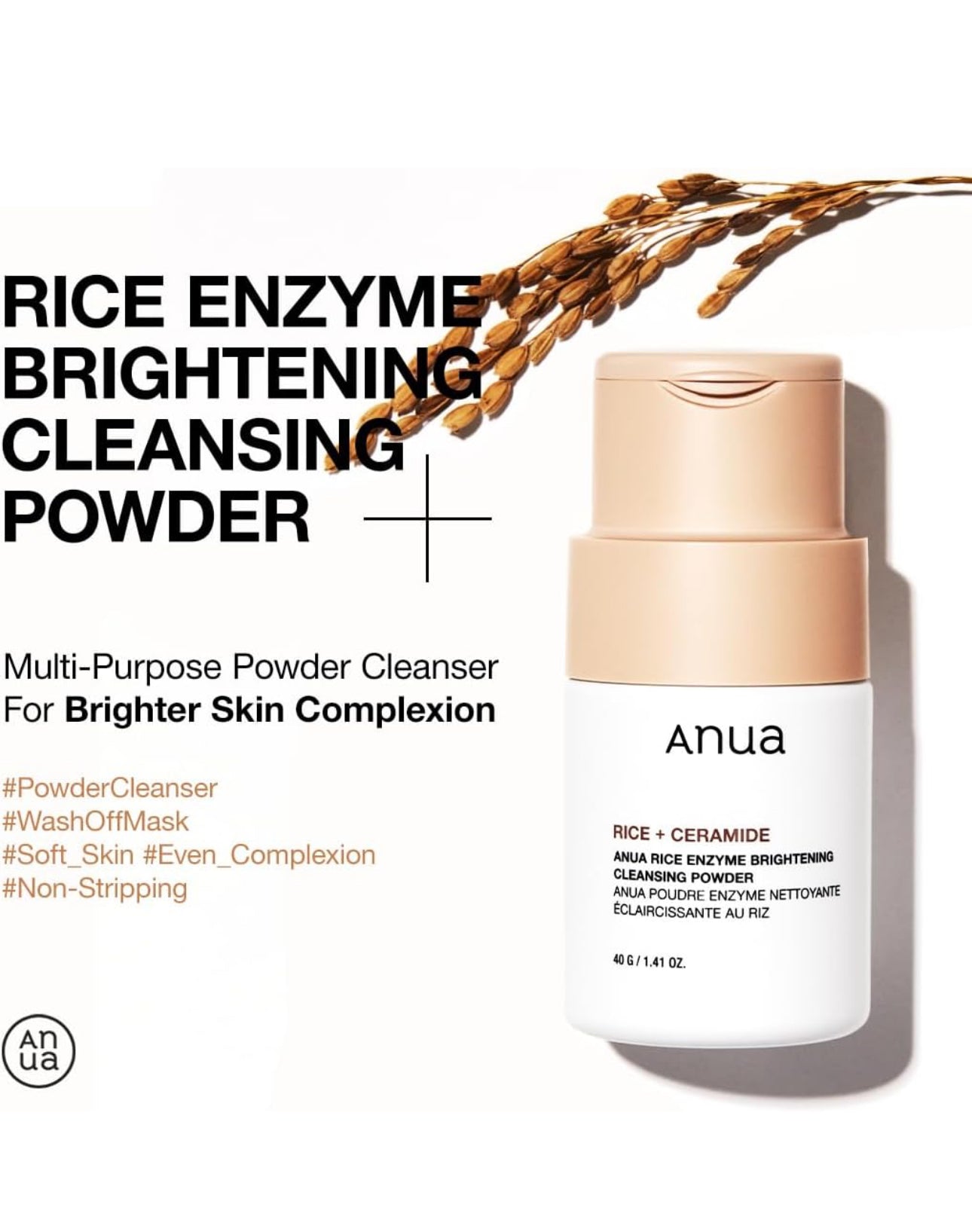 ANUA RICE ENZYME BRIGHTENING CLEANSING POWDER, Rice Mask, Ceramide, Gentle Face Wash for Brightening, Radiant Skin, Facial Cleanser for Dry Skin, Korean Skincare, Fragrance Free, 40g/1.41fl.oz.