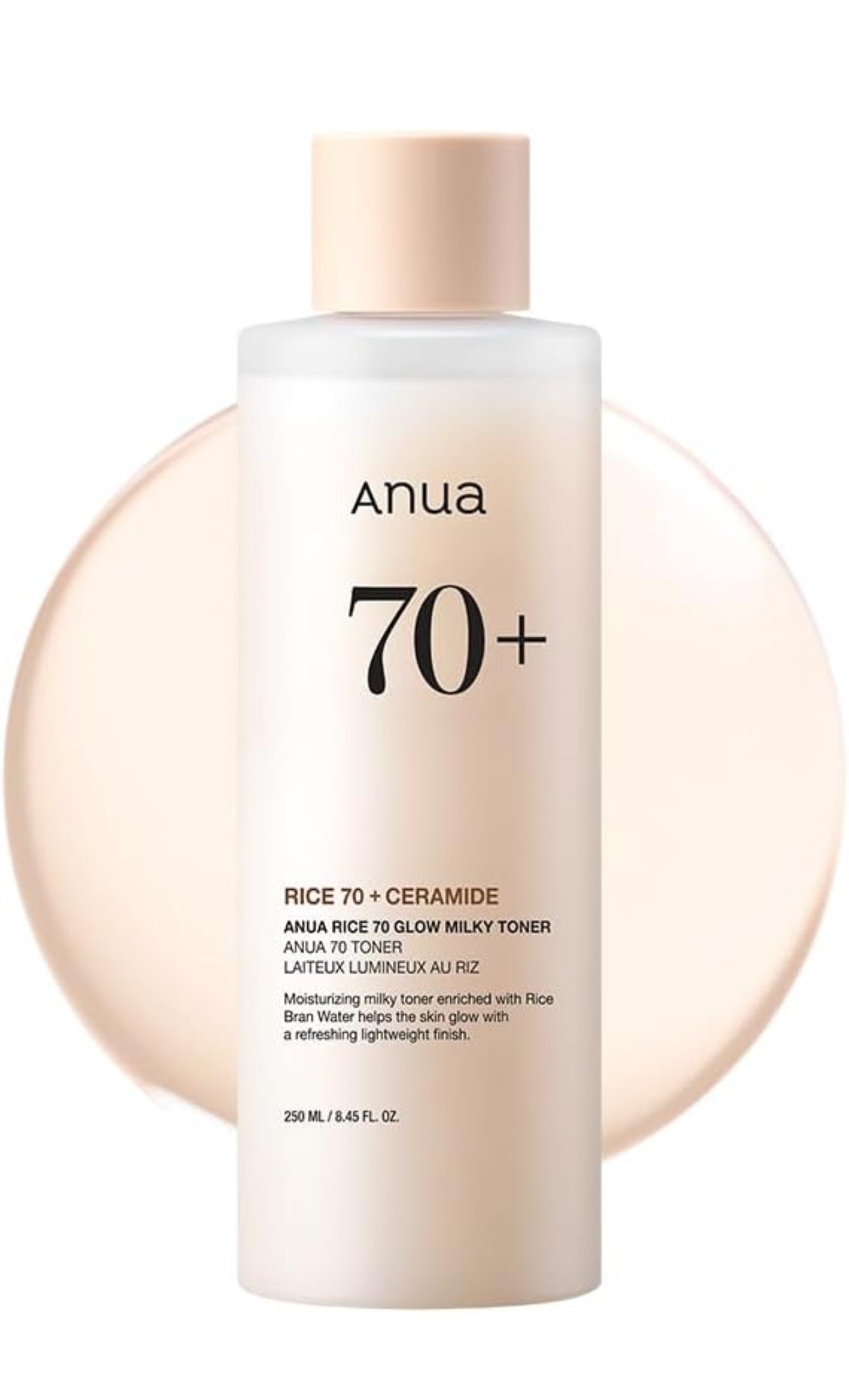 ANUA Rice 70 Glow Milky Toner, for Glass Skin and Brightening, Rice Water, Niacinamide, Ceramides, Panthenol, Fragrance-Free, Non comodogenic, Fungal Acne Safe, Korean Skin Care, 250ml/8.45fl.oz.