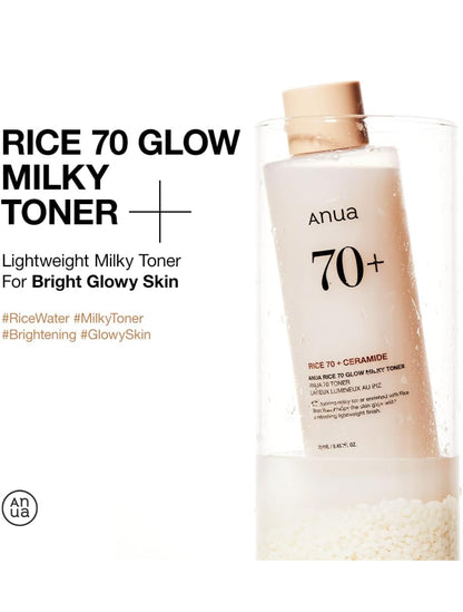 ANUA Rice 70 Glow Milky Toner, for Glass Skin and Brightening, Rice Water, Niacinamide, Ceramides, Panthenol, Fragrance-Free, Non comodogenic, Fungal Acne Safe, Korean Skin Care, 250ml/8.45fl.oz.