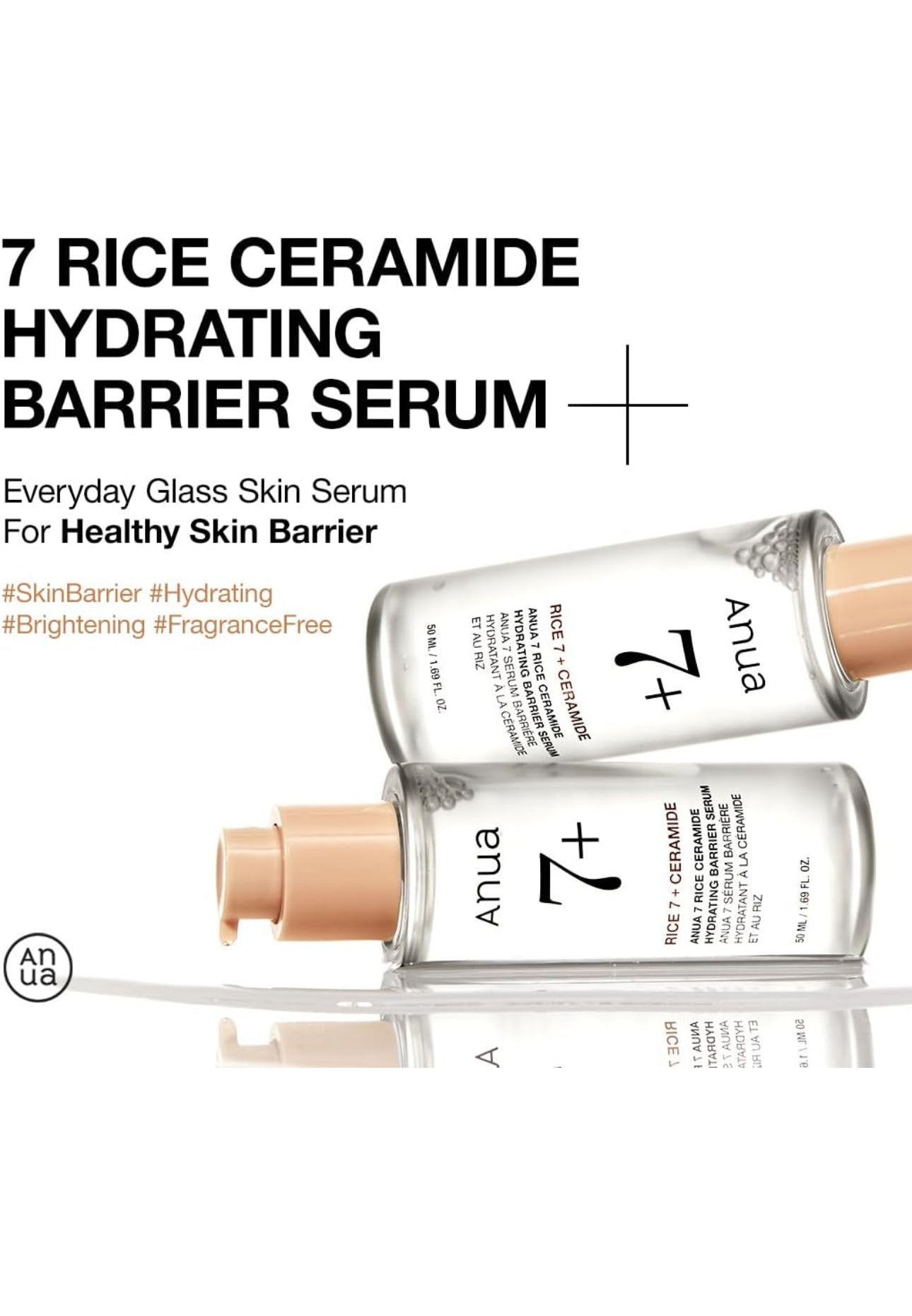 ANUA RICE CERAMIDE 7 HYDRATING BARRIER SERUM, Brightening, Hydrating Serum for Face, Rice, Hyaluronic Acid, Niacinamide, Fragrance-free, Non comodogenic, Glass Skin, Korean Skin Care, 50ml/1.69fl.oz.