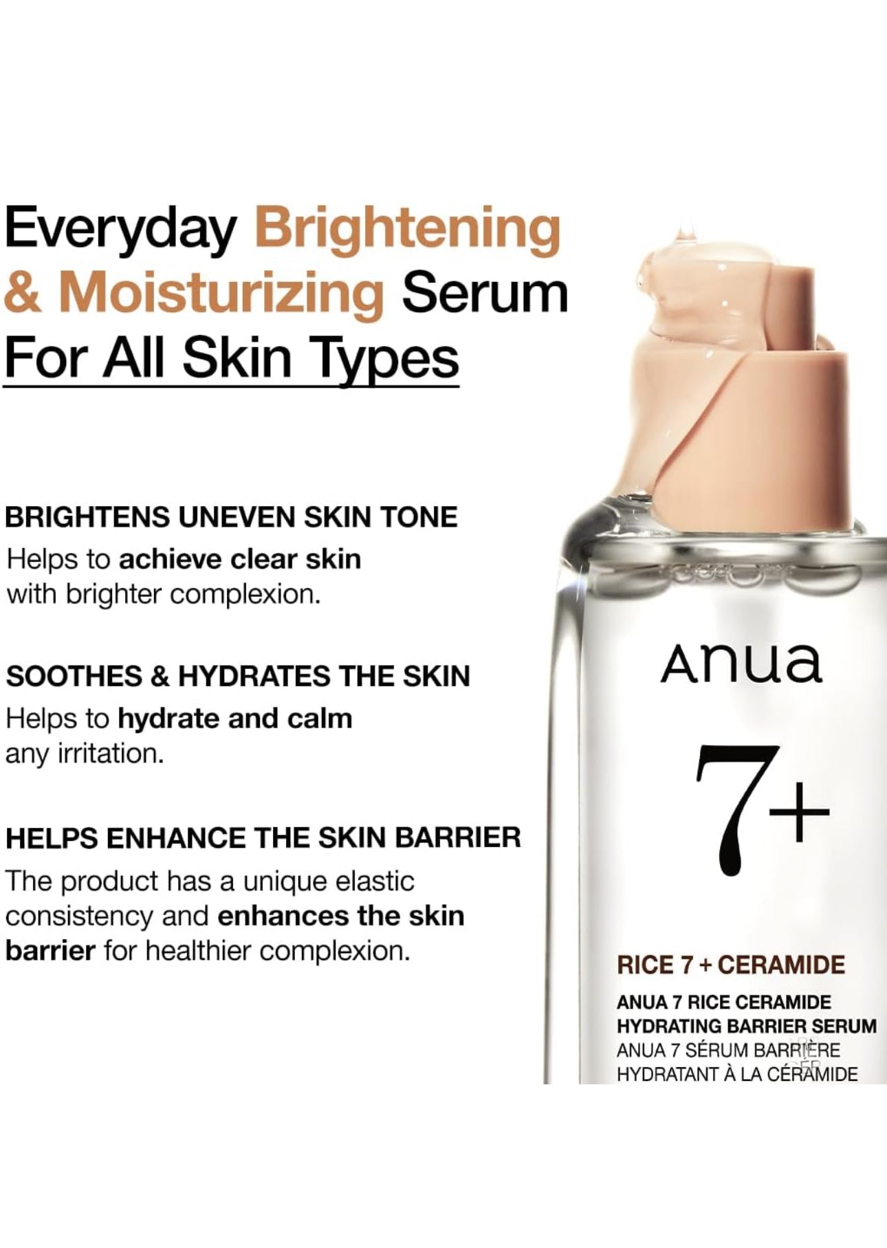 ANUA RICE CERAMIDE 7 HYDRATING BARRIER SERUM, Brightening, Hydrating Serum for Face, Rice, Hyaluronic Acid, Niacinamide, Fragrance-free, Non comodogenic, Glass Skin, Korean Skin Care, 50ml/1.69fl.oz.