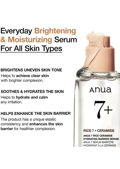 ANUA RICE CERAMIDE 7 HYDRATING BARRIER SERUM, Brightening, Hydrating Serum for Face, Rice, Hyaluronic Acid, Niacinamide, Fragrance-free, Non comodogenic, Glass Skin, Korean Skin Care, 50ml/1.69fl.oz.