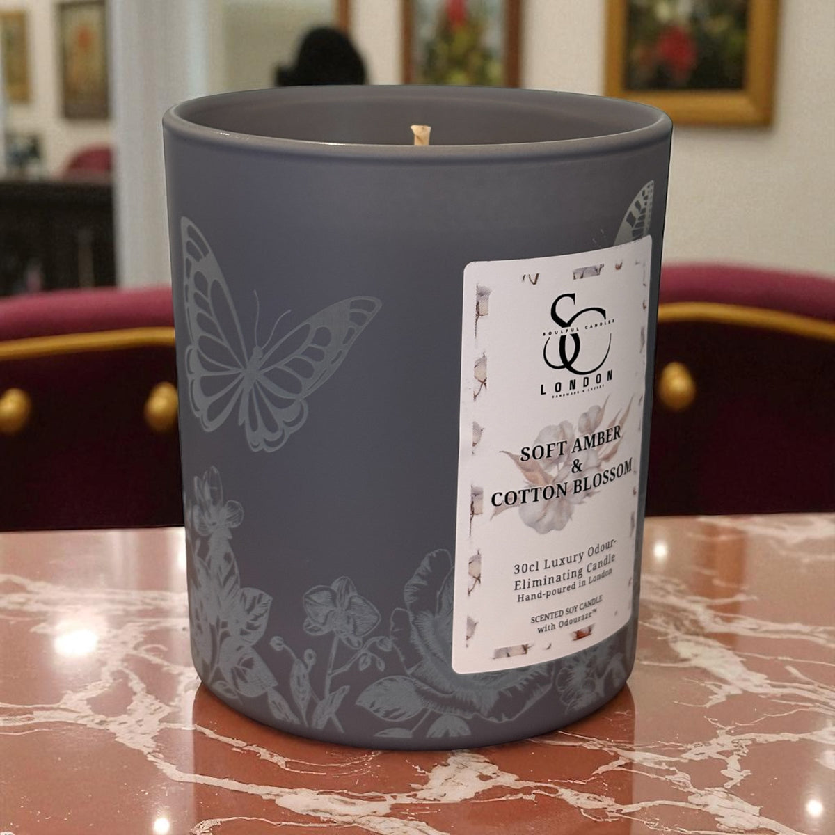 Soft Amber & Cotton Blossom – 30cl Odour Neutralising Candle Soulful Candles Uk