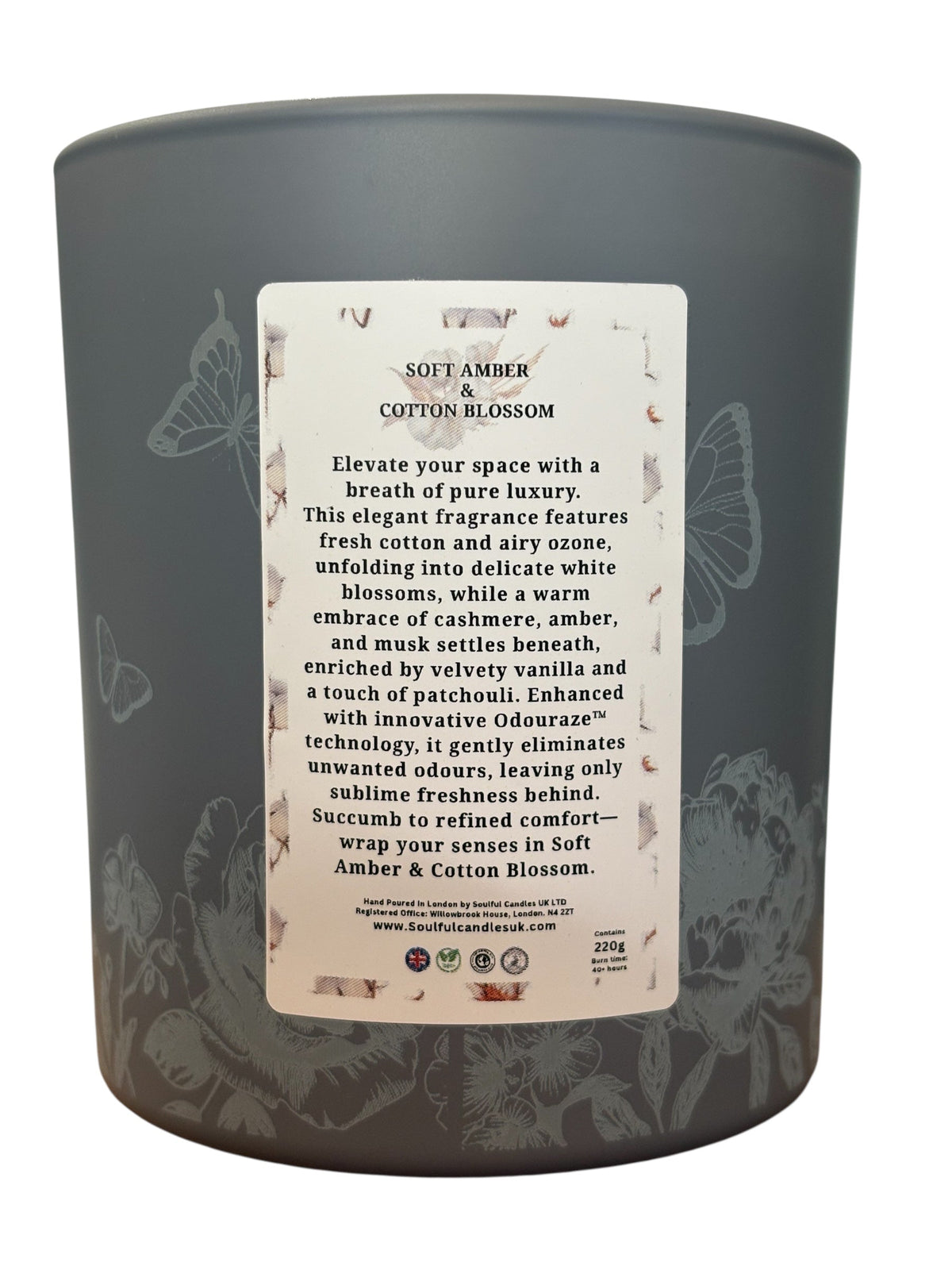 Soft Amber & Cotton Blossom – 30cl Odour Neutralising Candle Soulful Candles Uk