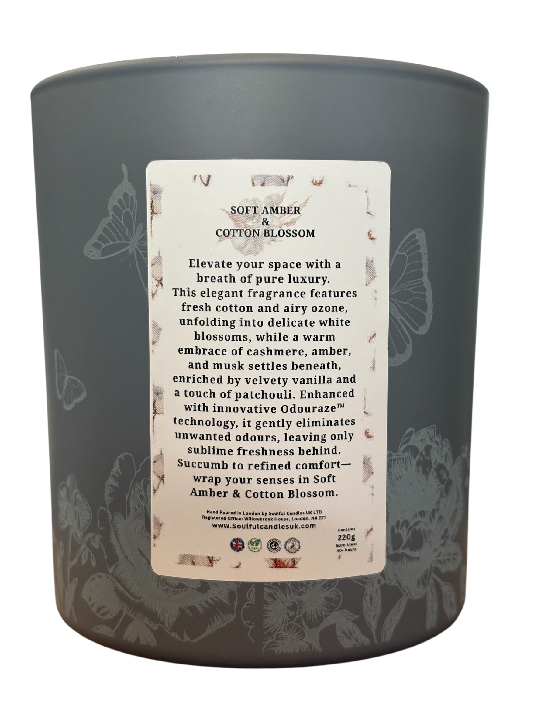 Soft Amber & Cotton Blossom – 30cl Odour Neutralising Candle Soulful Candles Uk