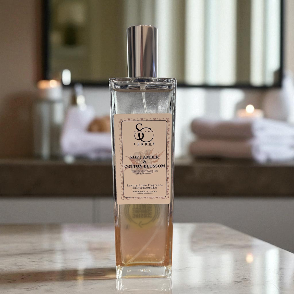 Soft Amber & Cotton Blossom Odour Eliminating Room Spray (Alcohol‑Free, Odouraze-Infused) – 100ml Soulful Candles Uk
