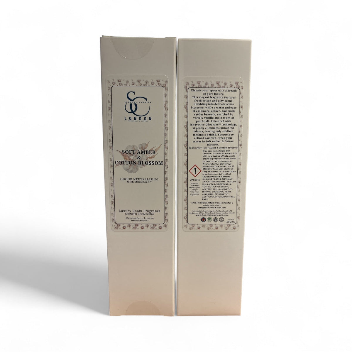 Soft Amber & Cotton Blossom Odour Eliminating Room Spray (Alcohol‑Free, Odouraze-Infused) – 100ml Soulful Candles Uk
