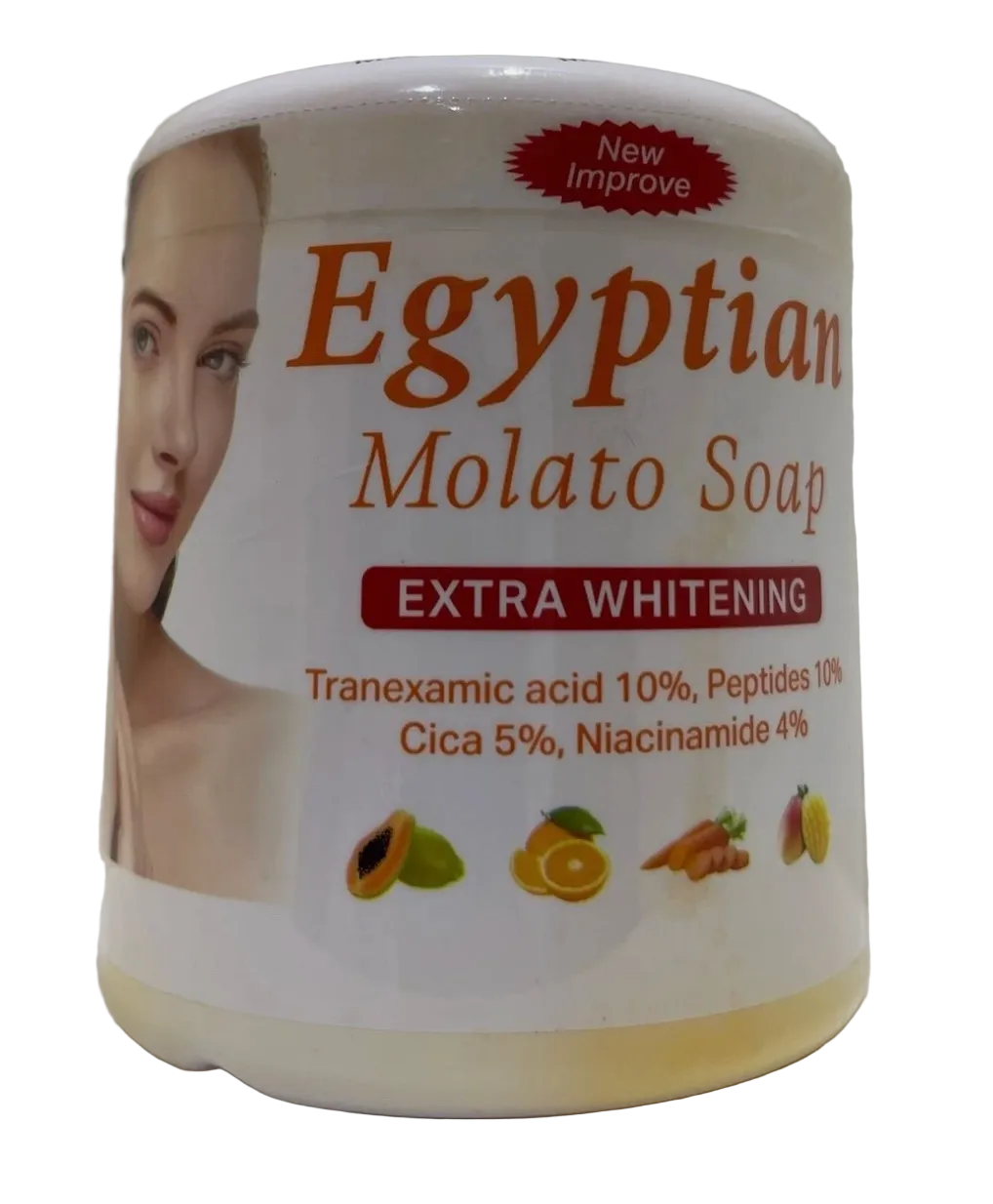 Jar of Egyptian Molato Soap with product details on a white background