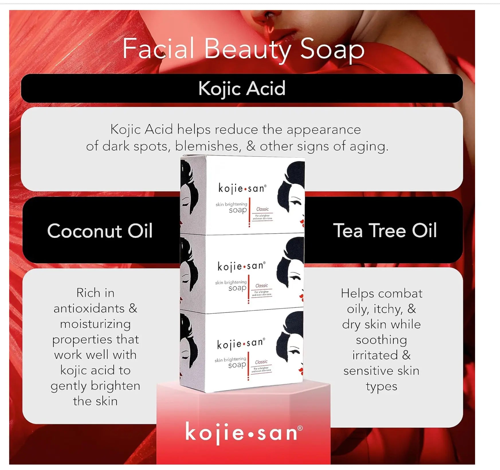 Kojie San Skin Brightening Soap - Original Kojic Acid, Dark Spot Remover Bar Soap with Coconut & Tea Tree Oil Kojie San
