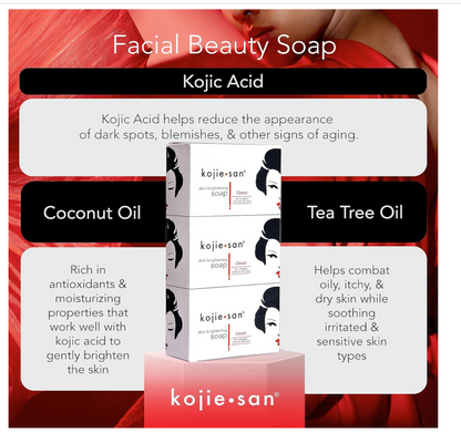 Kojie San Skin Brightening Soap - Original Kojic Acid, Dark Spot Remover Bar Soap with Coconut & Tea Tree Oil